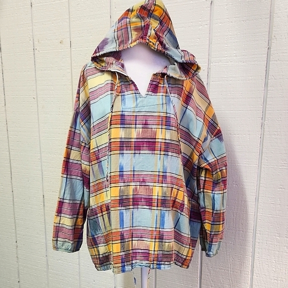 IT'S PAQUETTE Vintage 80's Beach Plaid Hooded Light-weight Oversized Pullover - Picture 1 of 13